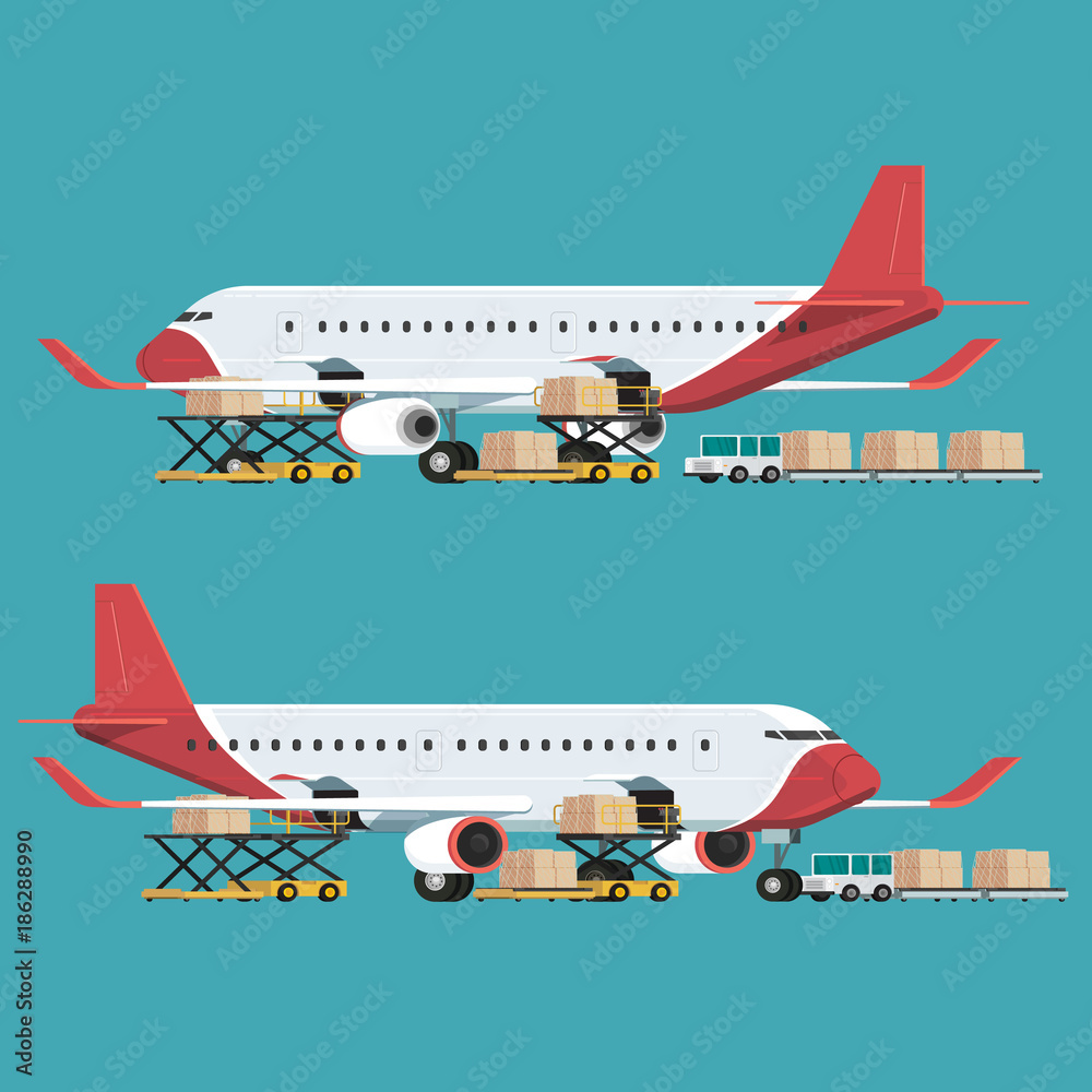 Cargo plane transportation and Loading at airport. concept Vector illustration