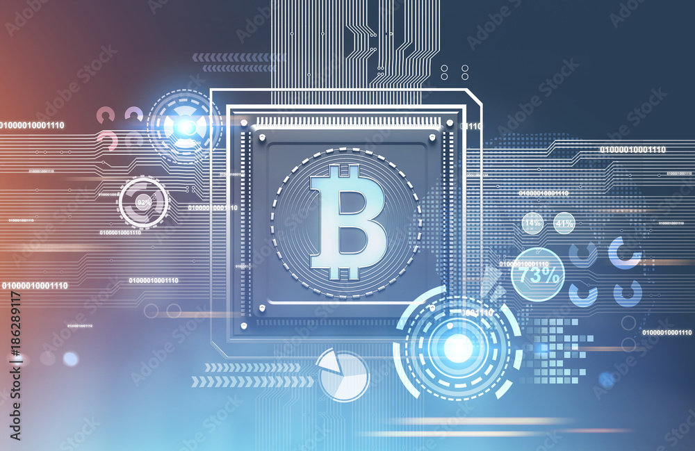 Bitcoin processor, blue red background, hud