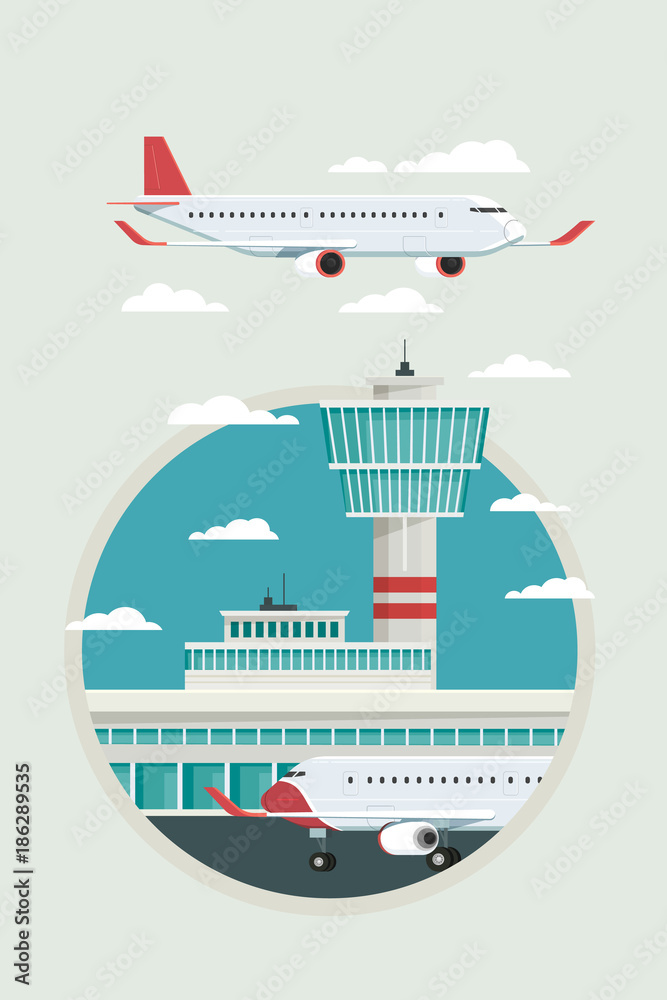 Plane at Airport arrivals and departures travel sky and clound background bule, Vector Illustration