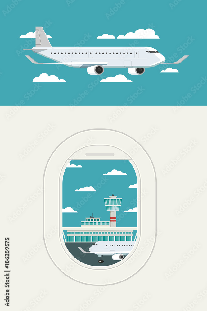 View plane window at Airport arrivals and departures travel sky and clound background bule, Vector Illustration View plane window at Airport arrivals and departures travel sky and clound background bule, Vector Illustration