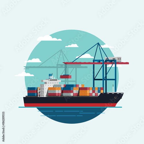 Cargo logistics being loaded container ship with working crane import export transport industry. icon Vector illustration.