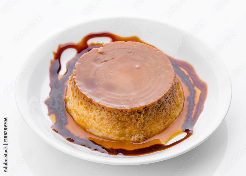 chocolate flan isolated on white