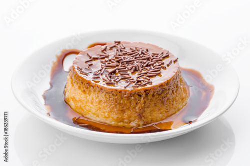 chocolate flan isolated on white