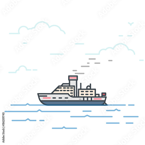 Motor vessel ship with steam pipe in the sea. Trendy line vector illustration. Big boat on water. Oceanic ship traveling concept. Water transport.