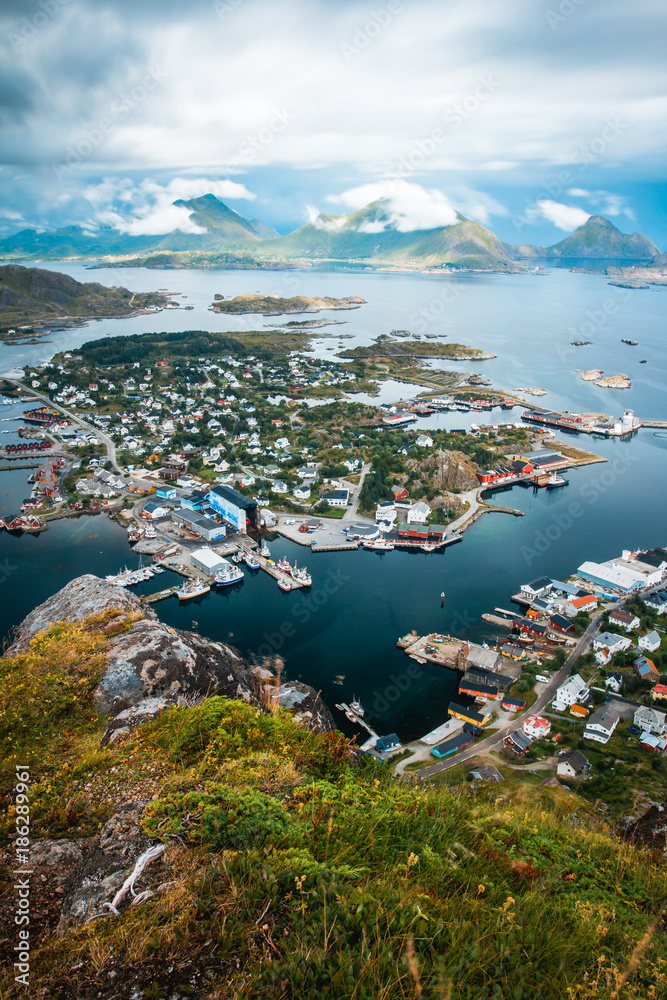 Ballstad Fishing town in Norway Lofoten beautiful panorama