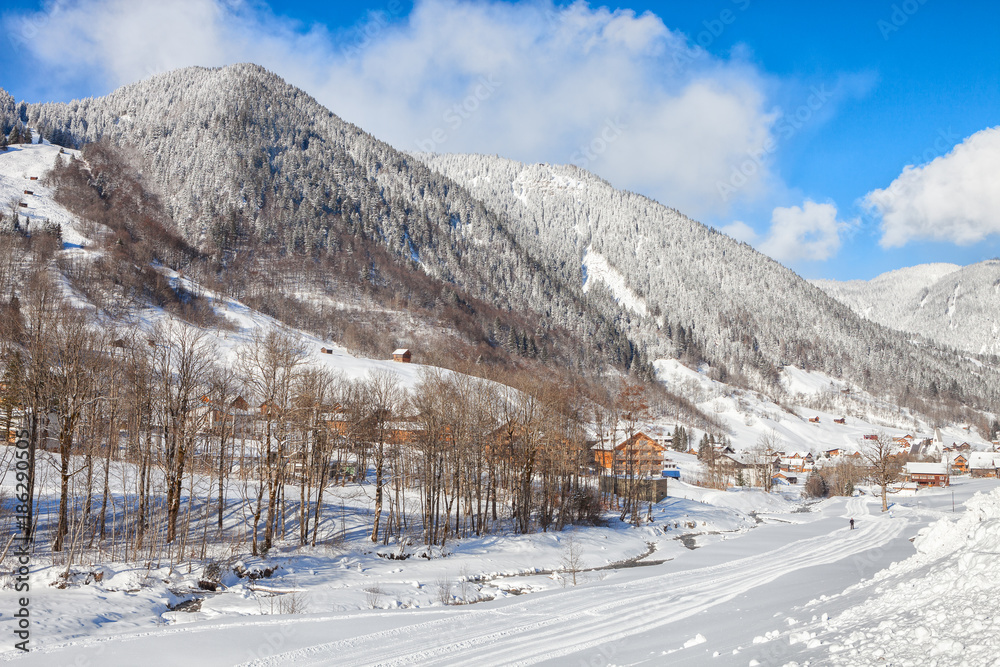 A view of snowy Alps mountains in Brand at winter sunny morning, Bludenz, Vorarlberg, Austria. A view of snowy Alps mountains in Brand at winter sunny morning, Bludenz, Vorarlberg, Austria.