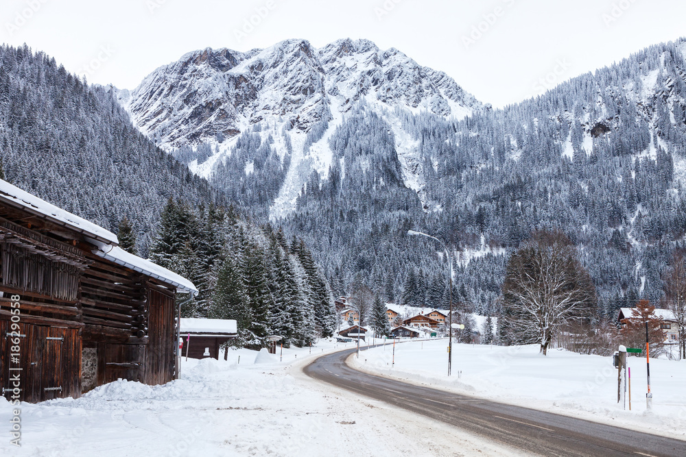 Mountain road through Partenen - a town in the Montafon, in Vorarlberg, Austria.