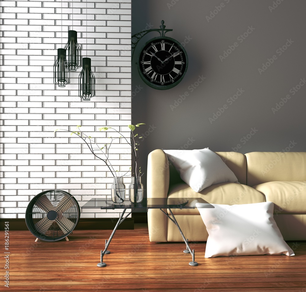Loft style - Living room interior design with sofa fan lamp and table on  white brick wall. 3D rendering Stock Photo | Adobe Stock