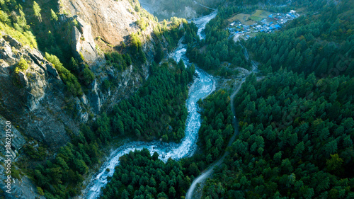 River in Himalayas range Nepal from Air view from drone