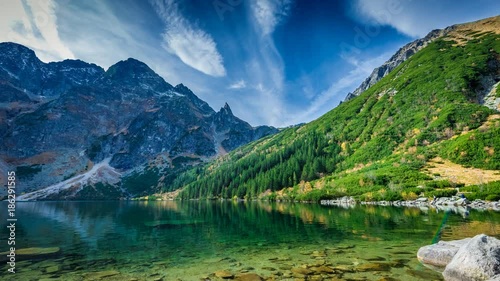 Green water lake Morskie Oko, Tatra Mountains, Poland. Timelapse 4K