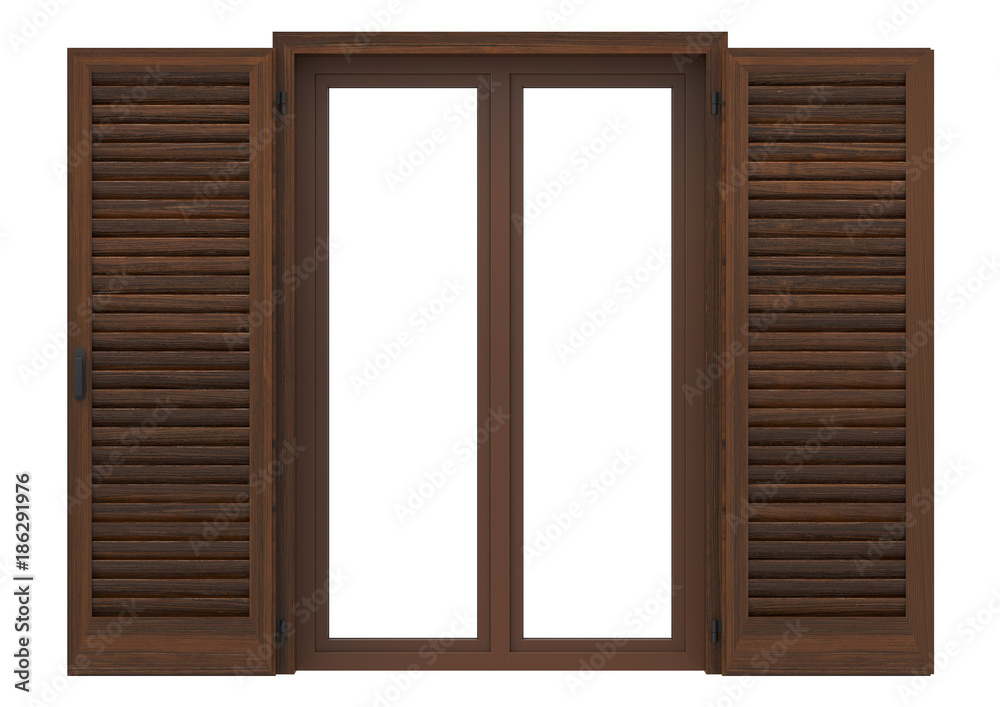 Window open with wood venetian shutters, closeup front view, 3D rendering. Window open with wood venetian shutters, closeup front view, 3D rendering.