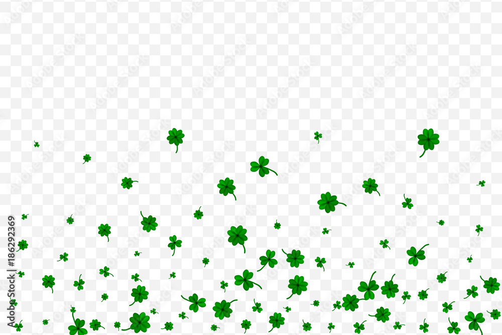 Saint Partick's Day with falling shamrocks on transparent background. St.Patricks vector card with clovers in green color. Vector illustration. Saint Partick's Day with falling shamrocks on transparent background. St.Patricks vector card with clovers in green color. Vector illustration.