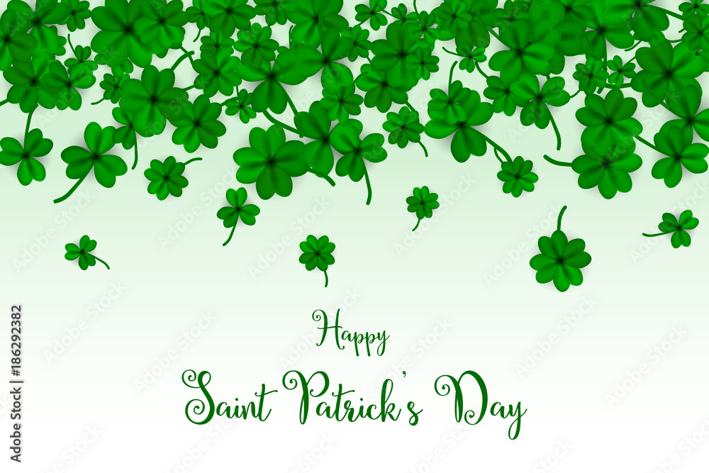 Obraz premium Happy Saint Partick's Day with falling shamrocks. St.Patricks vector card with clovers in green color. Vector illustration.