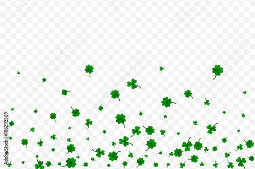 Saint Partick's Day with falling shamrocks on transparent background. St.Patricks vector card with clovers in green color. Vector illustration.