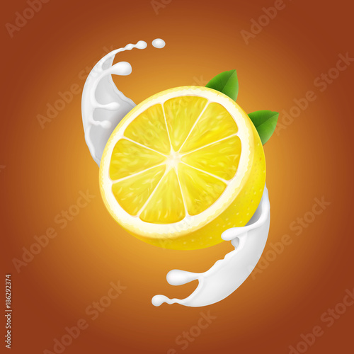 Yogurt Lemon in milk splash or yogurt flow. Realistic natural dairy product