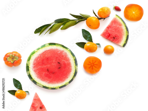 Various  fruits isolated on white background, top view, flat layout. Concept of healthy eating, food background. Frame of fruits with space for text.