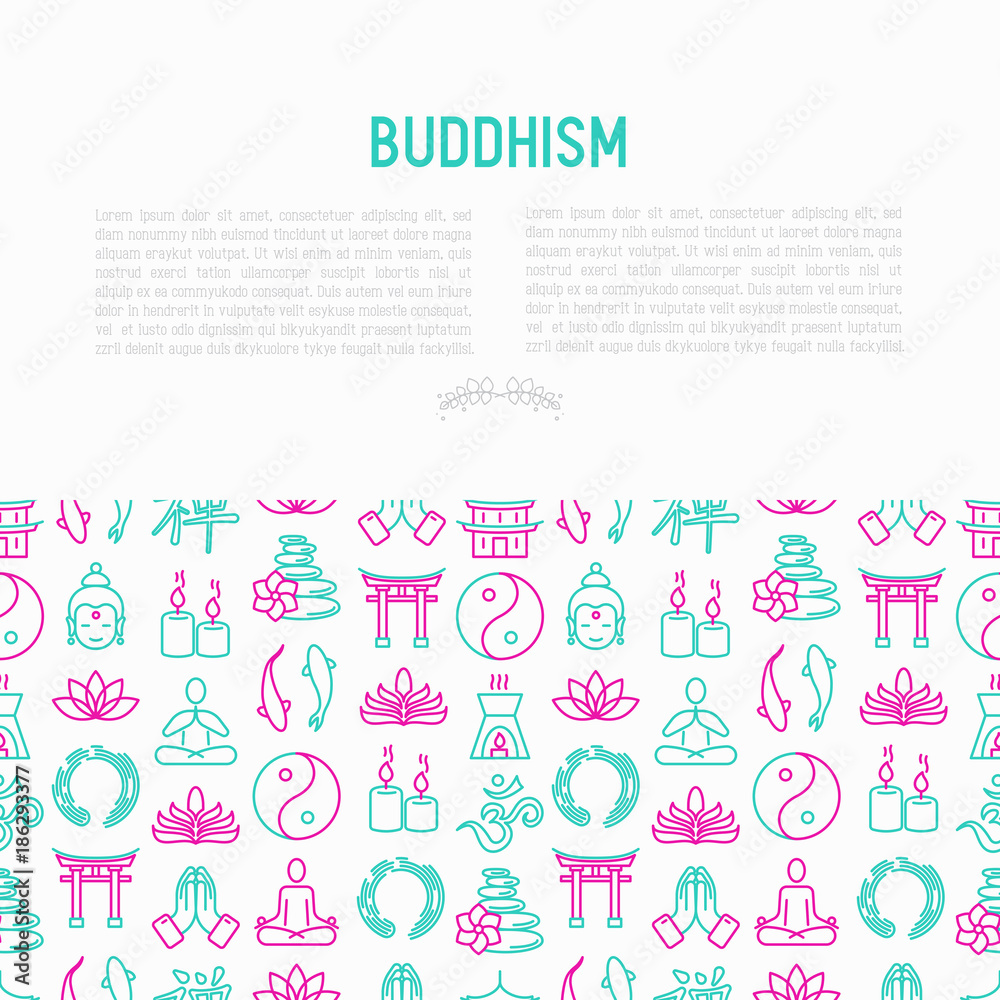 Buddhism concept with thin line icons: yoga, meditation, Buddha, Yin-Yang, candles, Aum letter, aromatherapy, pagoda, temple. Modern vector illustration for web page template.