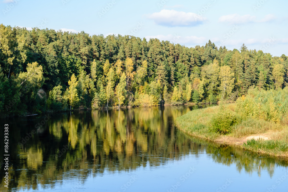 high water level in river Gauja, near Valmiera city in Latvia. summer trees surrounding high water level in river Gauja, near Valmiera city in Latvia. summer trees surrounding