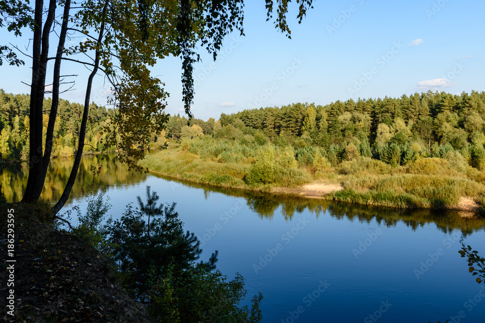 high water level in river Gauja, near Valmiera city in Latvia. summer trees surrounding high water level in river Gauja, near Valmiera city in Latvia. summer trees surrounding
