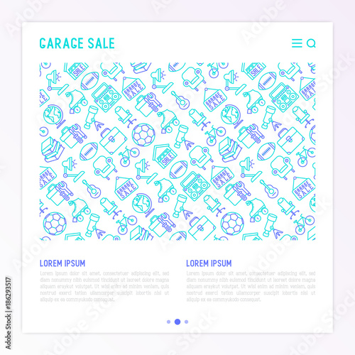 Garage sale concept with thin line icons: signboard, globe, telescope,guitar, rollers, armchair, toolbox, soccer ball. Modern vector illustration for banner, print media, web page.