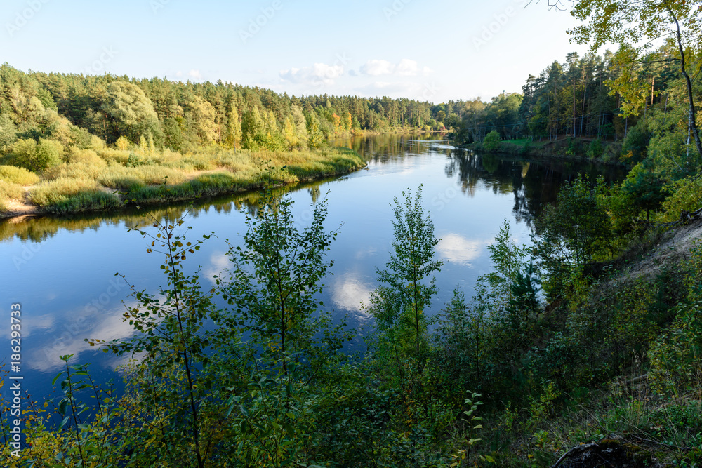 high water level in river Gauja, near Valmiera city in Latvia. summer trees surrounding