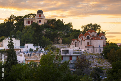 Evening view of the National Observatory on the Hill of Nymphs in Athens, Greece. 