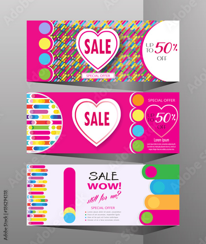Holiday seasonal sale banners set colorful dynamic shapes, lines hearts, Valentine`s Day, Mothers Day, Woman`s Day, Summer, Spring Sales graphic modern design, art, print, fashion dress sale vector