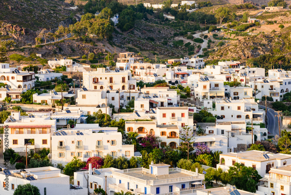 Beautiful aerial view of Skala village with traditional white buildings, Patmos island, Dodecanese, Greece