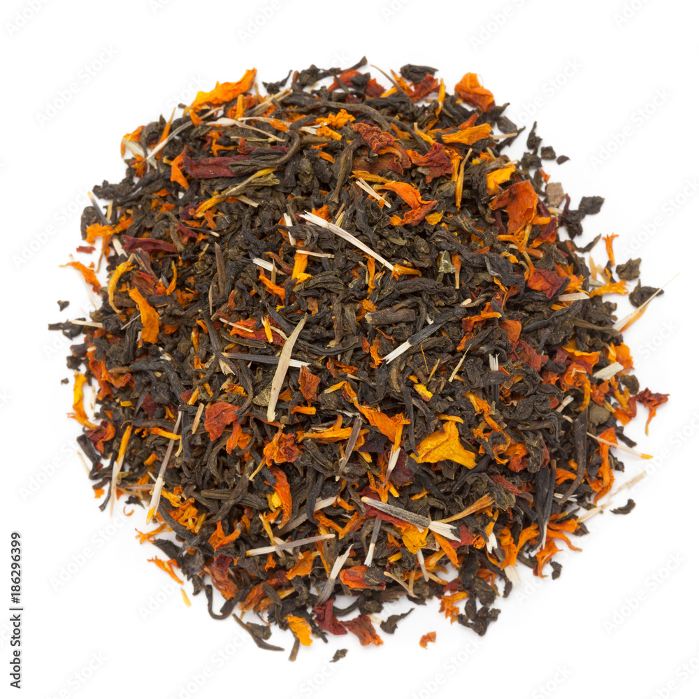 Fototapeta premium Organic Tagetes or Marigold green tea. Isolated on white background. Macro closeup. Top view.