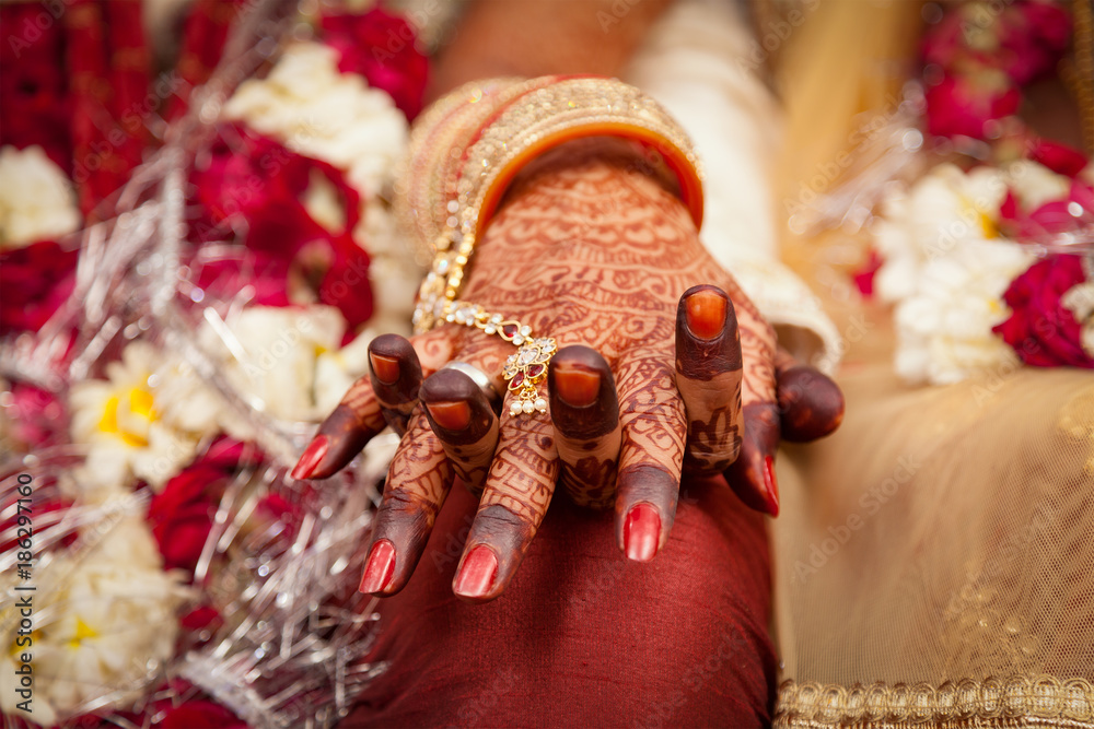 Beautiful female hand of an Indian bride, holding groom's hand during a  typical Hindu wedding ceremony. Stock Photo | Adobe Stock