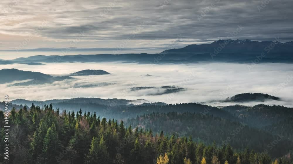 Misty sunrise landscape from Luban peak in Gorce mountains, Poland. Timelapse 4K Misty sunrise landscape from Luban peak in Gorce mountains, Poland. Timelapse 4K
