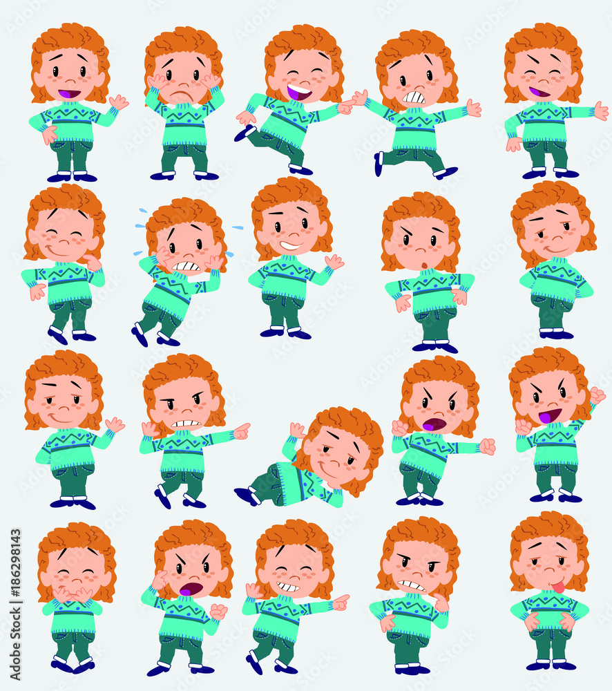 Cartoon character white girl with sweater. Set with different postures, attitudes and poses, doing different activities in isolated vector illustrations.