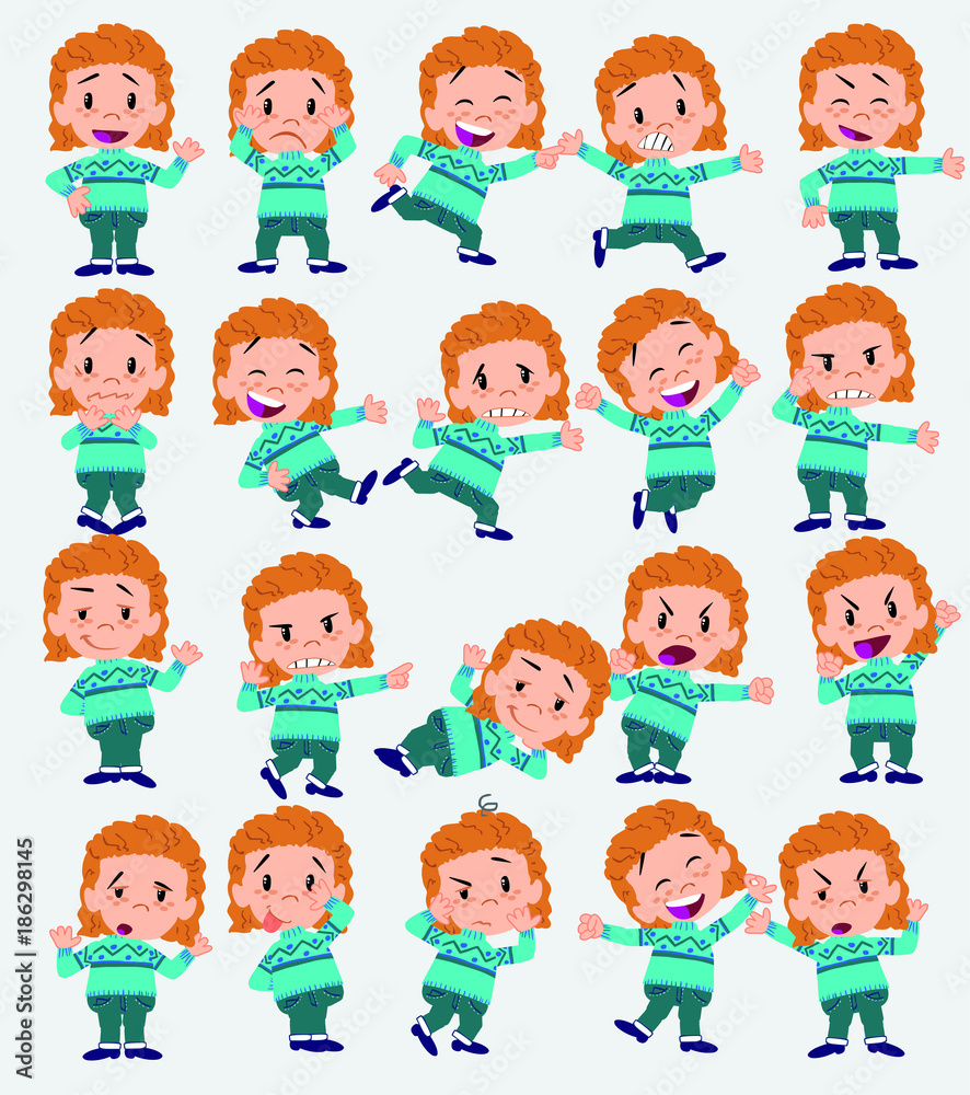 Cartoon character white girl with sweater. Set with different postures, attitudes and poses, doing different activities in isolated vector illustrations. Cartoon character white girl with sweater. Set with different postures, attitudes and poses, doing different activities in isolated vector illustrations.
