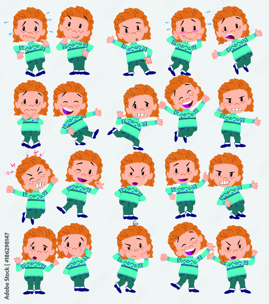 Cartoon character white girl with sweater. Set with different postures, attitudes and poses, doing different activities in isolated vector illustrations. Cartoon character white girl with sweater. Set with different postures, attitudes and poses, doing different activities in isolated vector illustrations.