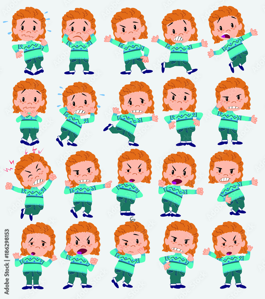 Cartoon character girl with sweater. Set with different postures, attitudes and poses, always in negative attitude, doing different activities in vector vector illustrations. Cartoon character girl with sweater. Set with different postures, attitudes and poses, always in negative attitude, doing different activities in vector vector illustrations.