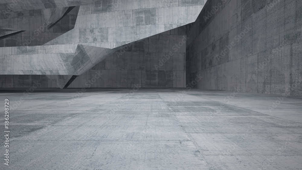 Fototapeta Abstrakcjonistyczna biała i betonowa wewnętrzna wielopoziomowa przestrzeń publiczna z okno. Ilustracja 3D i renderowania.