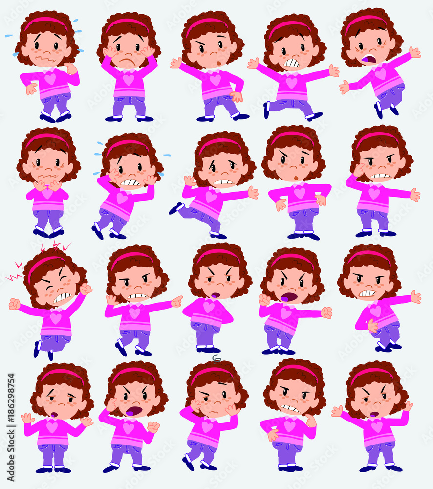 Cartoon character girl with sweater. Set with different postures, attitudes and poses, always in negative attitude, doing different activities in vector vector illustrations.