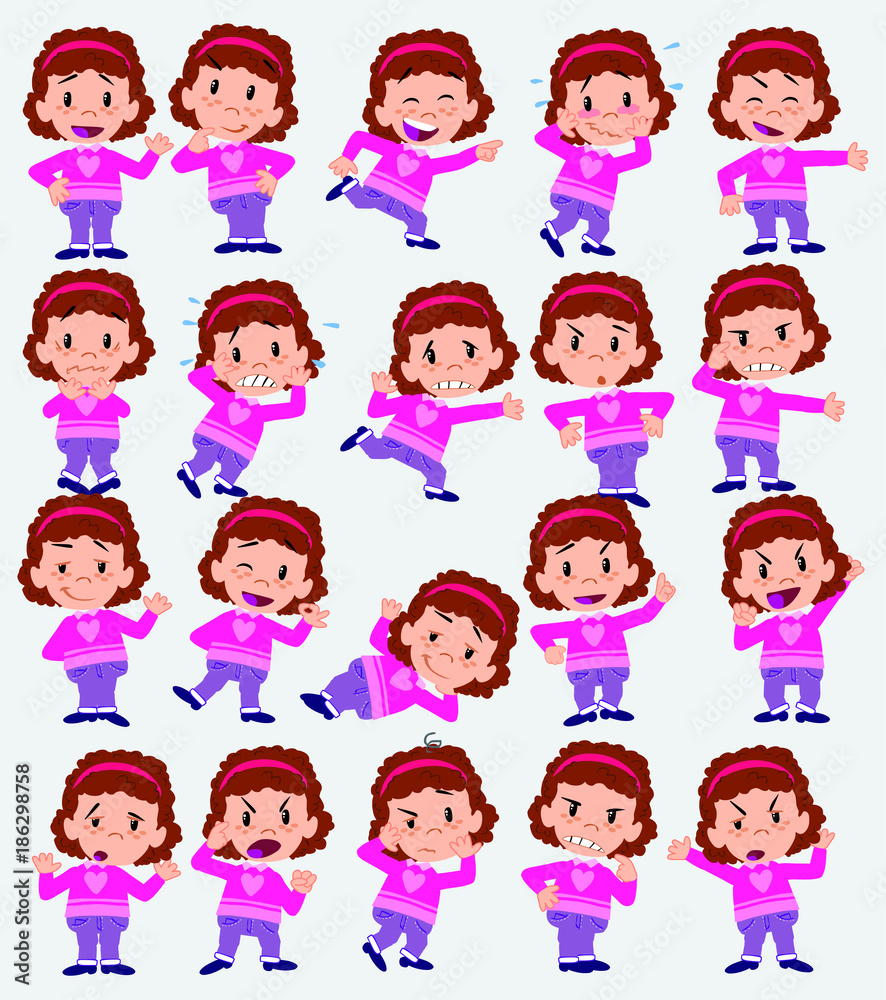 Cartoon character white girl with sweater. Set with different postures, attitudes and poses, doing different activities in isolated vector illustrations. Cartoon character white girl with sweater. Set with different postures, attitudes and poses, doing different activities in isolated vector illustrations.