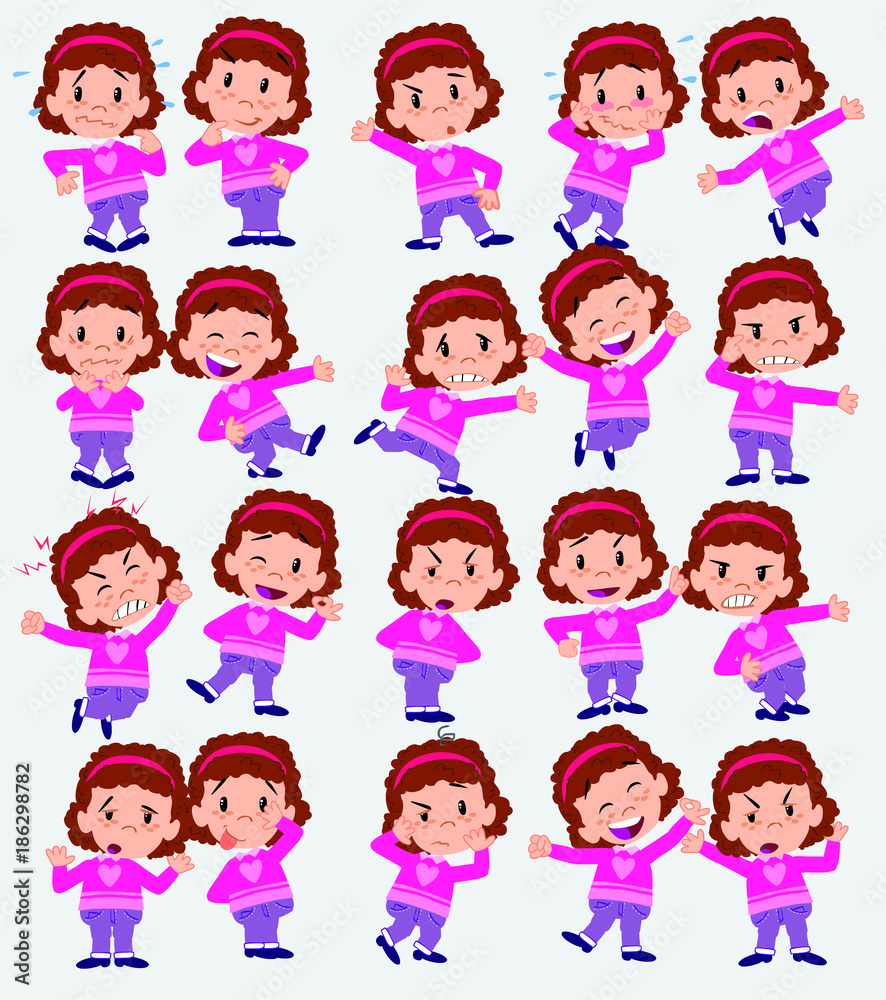 Cartoon character white girl with sweater. Set with different postures, attitudes and poses, doing different activities in isolated vector illustrations. Cartoon character white girl with sweater. Set with different postures, attitudes and poses, doing different activities in isolated vector illustrations.