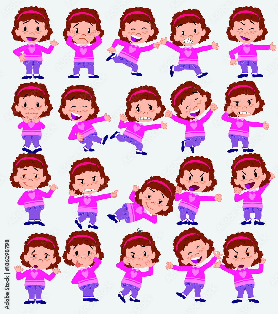 Cartoon character white girl with sweater. Set with different postures, attitudes and poses, doing different activities in isolated vector illustrations. Cartoon character white girl with sweater. Set with different postures, attitudes and poses, doing different activities in isolated vector illustrations.