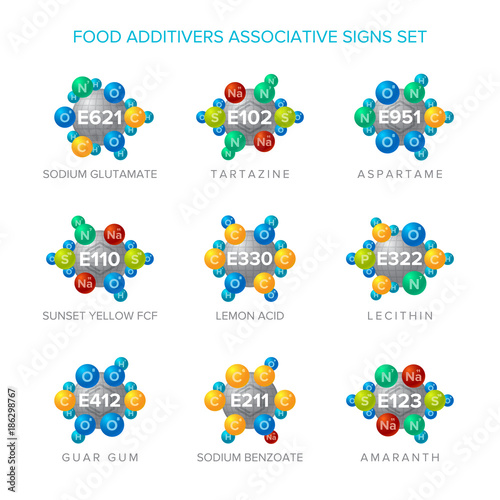 Food additives vector signs with associative molecular structures set photo