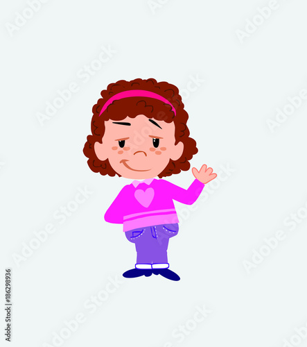 White girl with sweater waving with a dreamy expression.