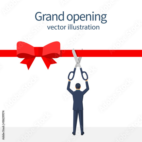 Businessman is holding big scissors cutting red ribbon. Isolated on white background. Grand opening concept. Vector illustration flat design. Template ceremony, celebration, presentation and event.
