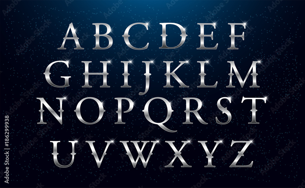 Set of Elegant silver Colored Metal Chrome alphabet font. Typography classic style silver font set for logo, Poster, Invitation. vector illustrator