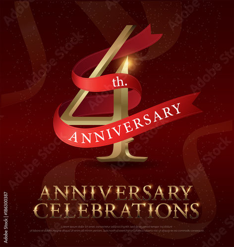 4th years anniversary celebration golden logo with red ribbon on red background. vector illustrator