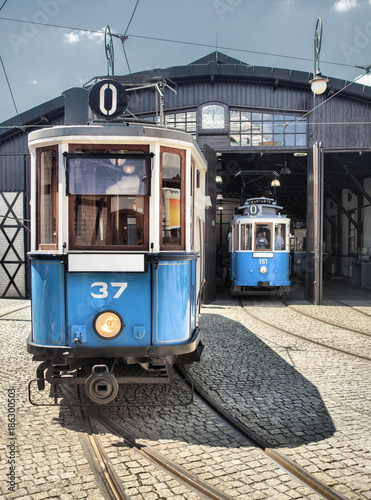 old vintage blue tram