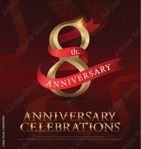 8th years anniversary celebration golden logo with red ribbon on red background. vector illustrator