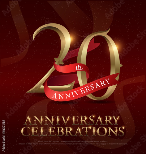 20th years anniversary celebration golden logo with red ribbon on red background. vector illustrator