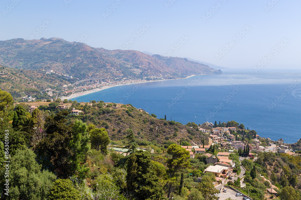 Taormina, Sicily. View of the picturesque coast of the Ionian Sea