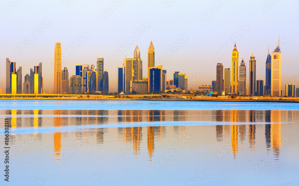 View on Dubai skyline at the sunrise, Dubai, United Arab Emirates 